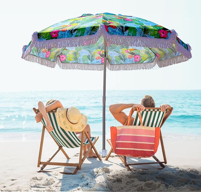AMMSUN 6.5ft Heavy Duty HIGH Wind fringe Beach Umbrella with sand anchor Vent Tilt Portable Sun Shelter UPF 50+ Windproof Outdoor Sunshade Umbrellas Carry Bag for Patio Garden Pool Backyard Sports
