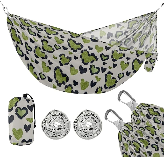 Camping Hammock Outdoor Hammocks for Outside Green Heart Leopard Beach Trees Portable Lightweight with Pockets Tree Straps Indoor