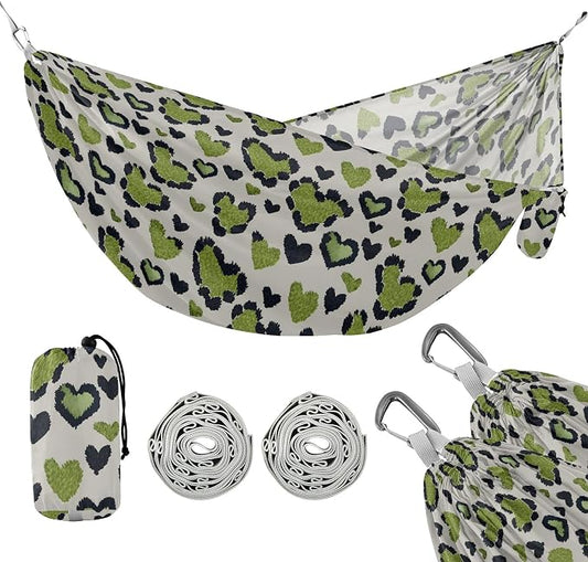 Camping Hammock Outdoor Hammocks for Outside Green Heart Leopard Beach Trees Portable Lightweight with Pockets Tree Straps Indoor