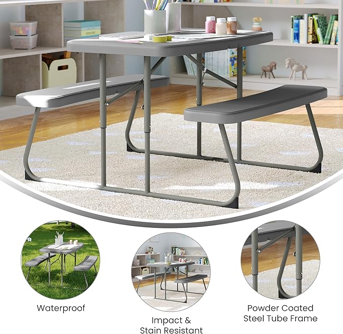 BizChair Easy-Fold Kids Outdoor Picnic Table and Benches - Commercial Grade Folding Plastic Play Table - Recommended for up to Age 5 - Gray