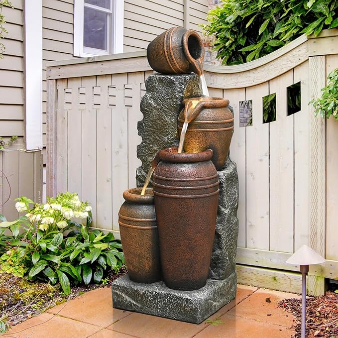 34'' Outdoor Garden Water Fountain with Lights Cascading Large Waterfall Floor Standing Fountain for Patio, Backyard, Deck, Porch and Home Art Decor