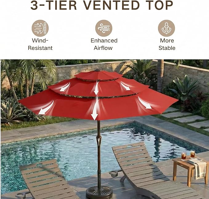 Kingdura 10ft 3-Tier Patio Umbrella, Outdoor Table Umbrella with Easy Crank & Tilt, 8 Reinforced Ribs, UV Protection for Deck, Pool, Market, Backyard (Red)