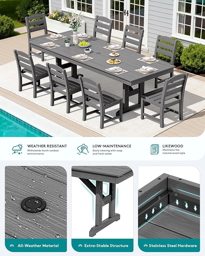SERWALL 9 Piece Outdoor Dining Set, 84" HDPE Outdoor Table and Armless Chairs Set for 8，All Weather Patio Furniture Set with Umbrella Hole for Backyard, Garden, Gray