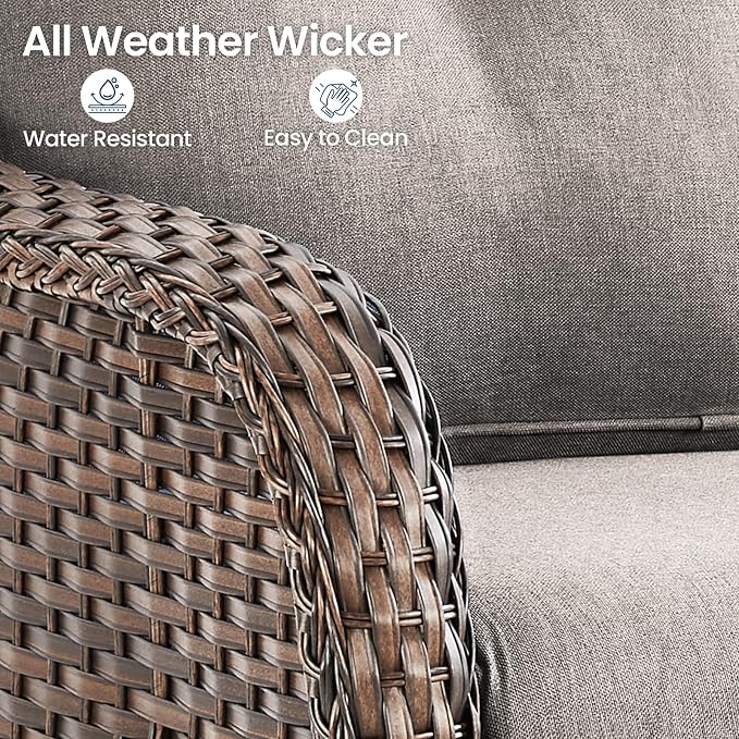 Patio Loveseat Sofa, Outdoor Wicker Loveseat with Luxury Thick Cushion, All-Weather Patio Furniture Set, Outdoor Glider Bench for Garden Balcony Backyard(Brown Wicker/Grey Cushion)