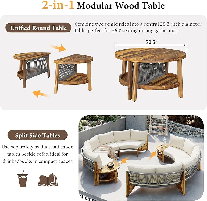 3-Piece Outdoor Patio Furniture Sectional Sofa Set, 2 Semi-Circle Sofas with Coffee Table, All-Weather Acacia Wood Conversation Set with Cushions for Garden Backyard Balcony, Freely Combined