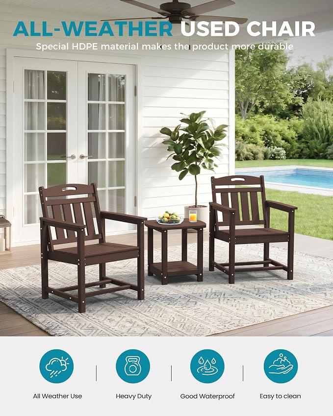 Ciokea HDPE Outdoor Patio Dining Chairs Set of 2, All-Weather Porch Chair with Wide Seat, Durable Outdoor Furniture for Backyard, Garden, Lawn & Poolside, Brown