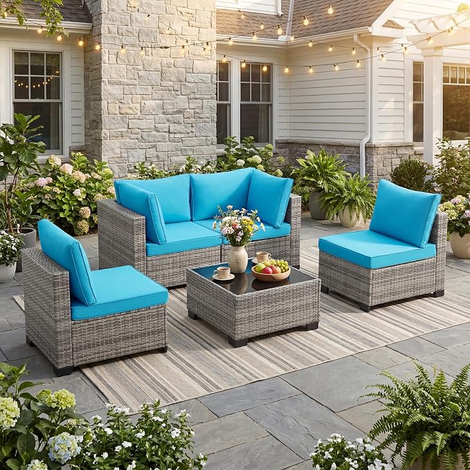 ANJ 5 Piece Outdoor Wicker Patio Furniture Set, Modular Loveseat Sofa with with Glass Top Coffee Table, All-Weather Rattan Conversation Couch Set for Balcony, Backyard, Light Grey Wicker-Turquoise