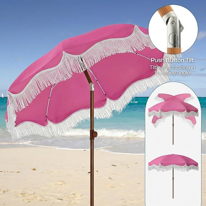 7FT Patio Umbrella with Fringe, Outdoor Tassel Umbrella with Fiberglass Ribs, Boho Beach Umbrella, Push Button Tilt and Carrying Bag, UPF50+