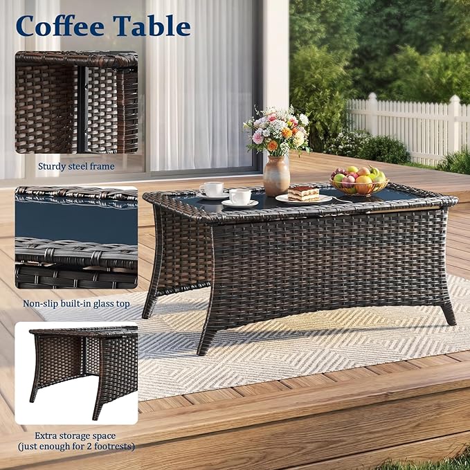Outdoor Swivel Rocking Chair Patio Set (7-Piece), High-Back - Thick Cushion Swivel Rocking Chair Patio Set, All-Weather Wicker Patio Furniture Set, Suitable for Balcony Patios, Brown/Blue