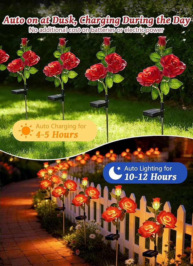 Brightown Outdoor Solar Flower Lights, 4 Pack Solar Garden Light with Larger & More Realistic Red Rose, Bigger Solar Panel, Waterproof Solar Lights Outdoor for Yard Garden Lawn Pathway Decoration
