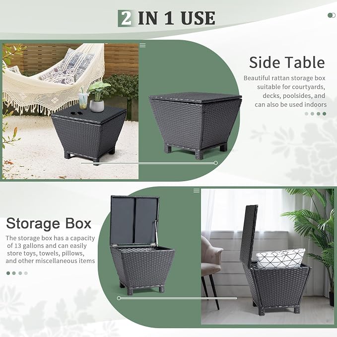 VINGLI 13 Gallon Outdoor Deck Box, Wicker Outdoor Storage Box with Lid, Small Storage Bin Container for Outside and Patio, Patio Rattan Side Table for Yard Porch (Black, Trapezoidal)
