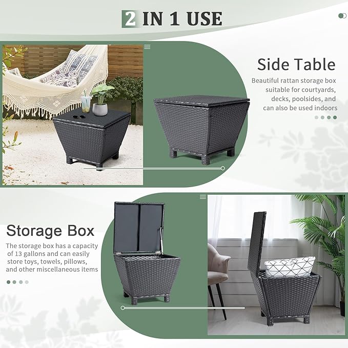 VINGLI Outdoor Side Table with Storage, 13-Gallon Patio Deck Box Outdoor Wicker Side Table for Poolside Balcony Storage Table (Black, Trapezoid)