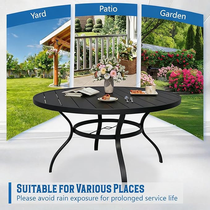Incbruce Patio Dining Table, 53" Round Table Metal Steel Slat Table with 1.57" Umbrella Hole, for Backyards, Porches, Gardens, or Poolside