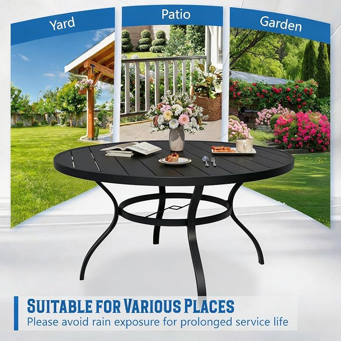 Oakcloud 53" Round Patio Dining Table, Outdoor Metal Round Table Patio Furniture Classic Black Table with 1.57" Umbrella Hole, for Garden Backyard Poolside Deck