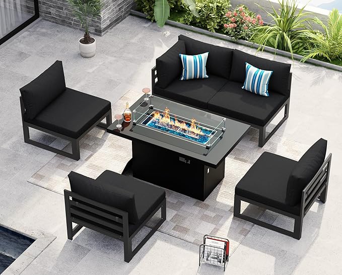 NICESOUL 6 Piece Modern Oversized Grey Aluminum Outdoor Patio Furniture Set with Fire Pit Table, 29" Deep Wide Seating Conversation Sofa, 500 lbs Heavy Duty Comfy Sectional Couch for Backyard, Black
