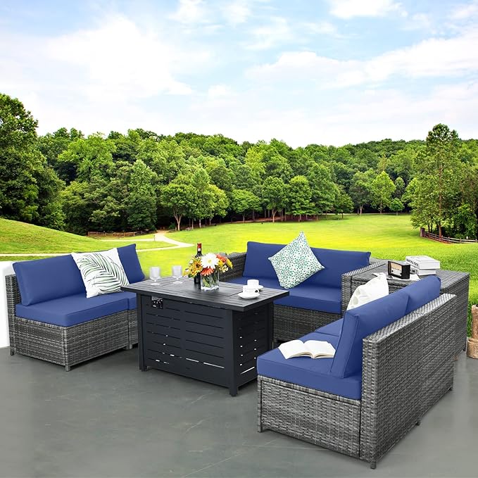 Tangkula 9 Pieces Patio Rattan Furniture Set, Patiojoy Sectional Sofa Set w/Storage Box, Coffee Table, Outdoor Wicker Conversation Set w/ 42” ETL Approved Propane Fire Pit Table (Navy Blue)