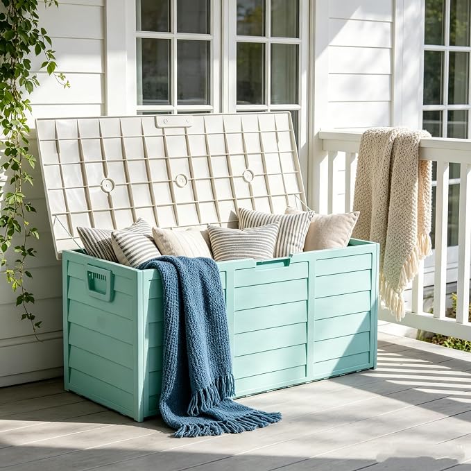 75 Gallon Waterproof Outdoor Deck Box with Wheels, Lockable Resin Patio Storage Container for Cushions, Garden Tools, Pool Accessories and Outdoor Supplies, Green White