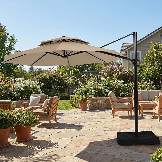 Garden Winds Reinforced RipLock 350 Replacement Canopy Top Cover Compatible with Garden Treasures 11’ Offset Umbrella Models YJAF-819R, YJAF-819D, YJAF-81903A, YJAF-81903B, YJAF-81903C - Beige