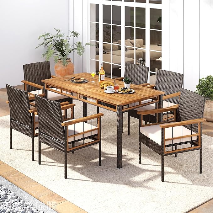 Tangkula 7 Pieces Wicker Patio Dining Set, Outdoor Acacia Wood Rectangular Table with 1.97” Umbrella Hole and Cushioned Chairs, Outside Conversation Furniture Set for Deck, Garden and Backyard