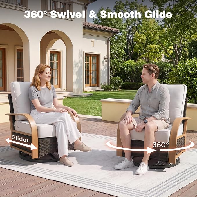 Belord Outdoor Swivel Chairs Set of 2, Wicker Rocking Chair with 6-Inch Thick Cushions, All Weather Rattan Rocker Patio Chair, Patio Furniture Set for Balcony Porch Deck Yard, Wood & Beige