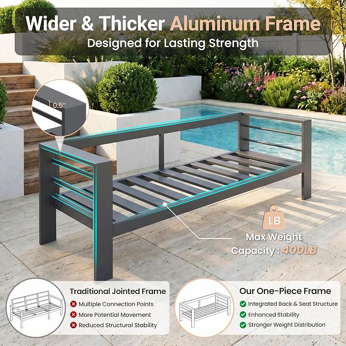 Solaste 5-Seaters Aluminum Outdoor Patio Furniture Set, Patio Sectional with 5" Thick Cushion, Outdoor Furniture with Coffee Table, Patio Sofa for Porch, Backyard, Deck, Yard, Dark Grey