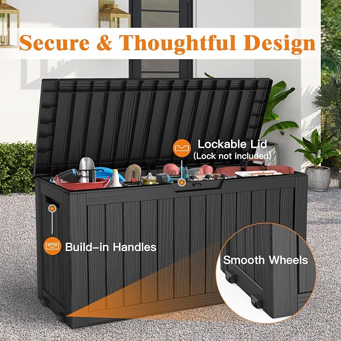 Outdoor Storage Box, 75 Gallon Waterproof Deck Boxes, Resin, Lockable Pool Deck Box for Garden Tools, Patio,Pool Accessories, Cushions, Large Delivery Boxes with Handle，Weatherproof & UV-Resistant