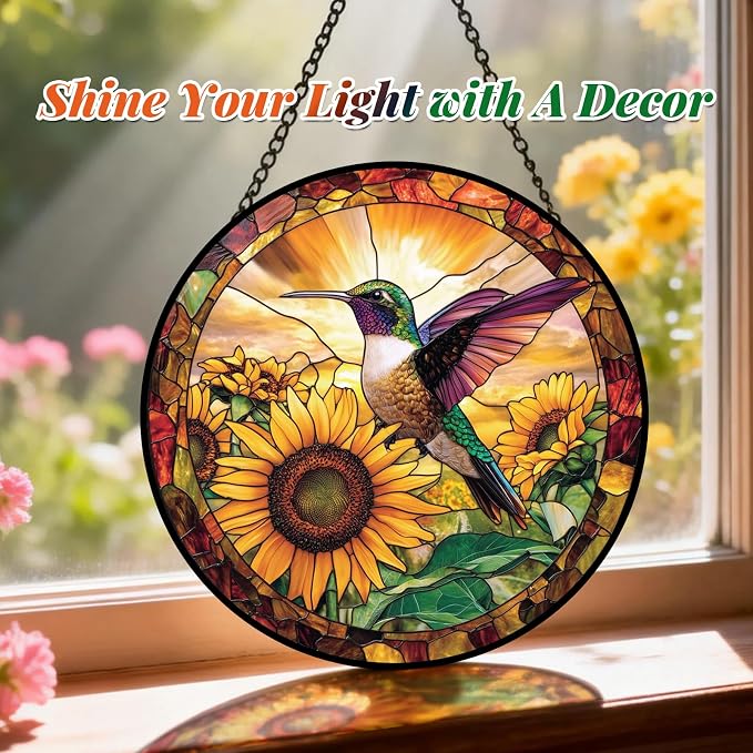 Stained Glass Hummingbird Suncatcher Window Hanging Flowers Gifts for Mom | 7.8in Garden Sun Catcher, Sunflowers Sunrise Ornament for Door Home, Gift for Bird Lovers Grandma & Mother's Day Christmas
