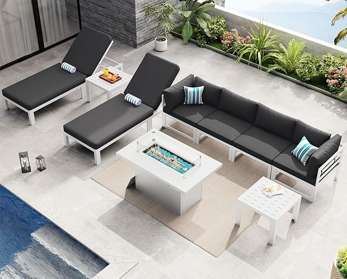 NICESOUL 6 People Large Luxury Aluminum Patio Conversation Set with Lounge Chair & Firepit Table, 29" Deep Wide Modular Sectional Couch, 500 lbs Sturdy All Weather Outdoor Sofa for Poolside, Dark Gray