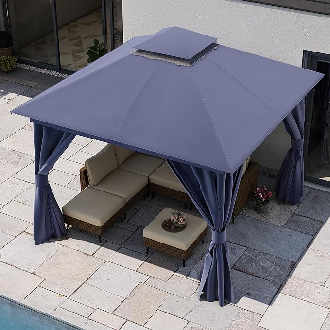 LAUSAINT HOME 10'x10' Outdoor Gazebo, Metal Frame Heavy Duty Patio Canopy Tent Shelter with Double Roofs, Mosquito Nettings and Privacy Screens for Backyard, Garden, Lawn, Navy Blue