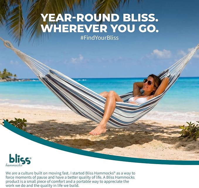 Bliss Hammocks 60" W Double Outdoor Hammock with Hand-Woven Rope Loops & Tree Straps, Patio, Durable, Cotton/Polyester, 265 Lbs Capacity, Sunday Volleyball Stripe
