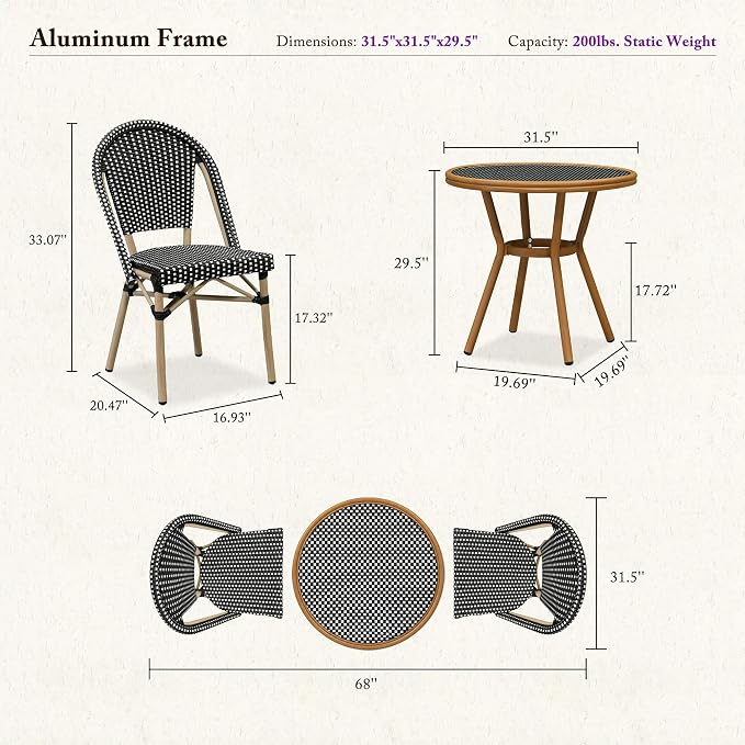 PURPLE LEAF 3-Piece French Bistro Dining Set Round Outdoor Patio Table and 2 Armless Chairs Tempered Glass Top PE Rattan Champagne Print Finish Aluminum Frame Black