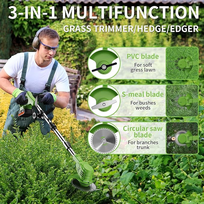 Cordless Garden Strimmers with Metal Blades, Electric Cordless 21v Grass Strimmer with 2 X 2000mAh Battery, Garden Trimmer Telescopic Lightweight with Roller, 850W, for Gardens Lawns Weeds Trimmer