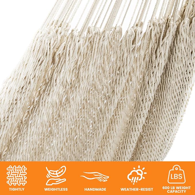 Lazy Daze Hammocks Handwoven Mayan Hammock with Heavy Duty Steel Stand, 10.5 FT Soft Rope Double Hammock for Patio Outside, 550 lbs Weight Capacity, Natural