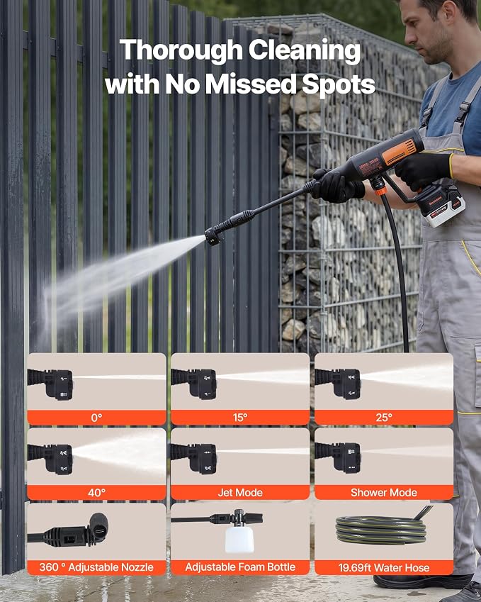 VEVOR Cordless Pressure Washer, 1200PSI MAX Portable Pressure Washer with Brushless Motor, Dual Batteries, 6-in-1 Nozzle & Water Hose, 4 Speed Adjustable, Handheld Power Cleaner for Home Garden Patio