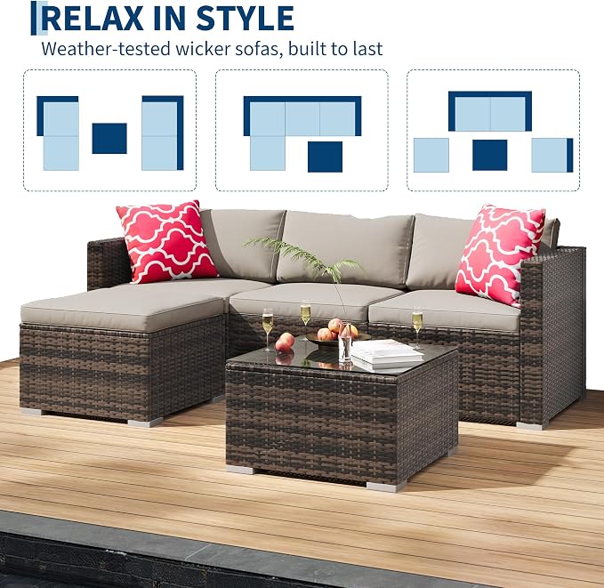 GarveeHome 5 Pieces Patio Sectional Furniture Set, All Weather Wicker Rattan Sectional Sofa, Patio Conversation Set with Cushions and Glass Coffee Table for Backyard Porch Garden Balcony, Grey