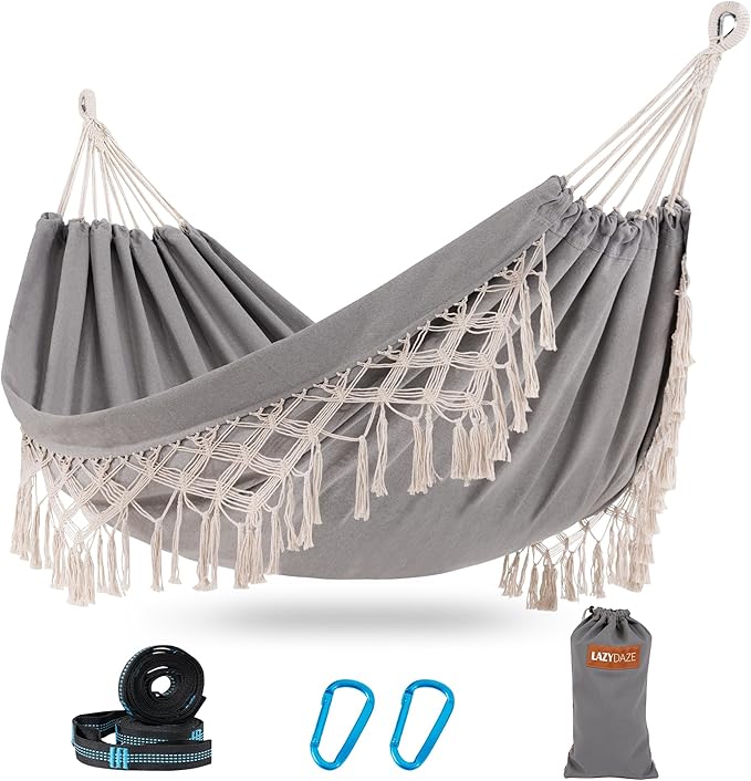 Lazy Daze Hammocks Extra Large Double Hammock, Portable Camping Hammock with Travel Bag & Tree Straps for Outdoor, Camping, Backyard, Patio, 550lbs Capacity, Light Gray