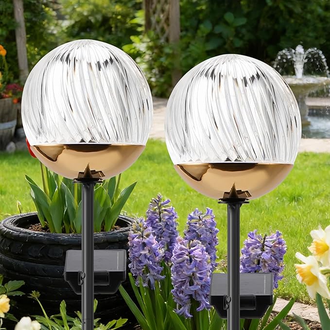 Solar Globe Stake Lights - Outdoor Acrylic Ball Garden Lights with 20 LED, IP44 Waterproof, Auto On/Off, Metal Stake with h-Shaped Ground Spike for Yard, Pathway, Patio Decor (Black stake , 2 pack)