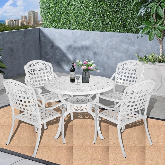 5-Piece Outdoor Patio Dining Set, All-Weather Cast Aluminum Furniture Conversation Set, Include 4 Chairs and a 38.5” Round Table with Umbrella Hole for Balcony, Lawn, Garden
