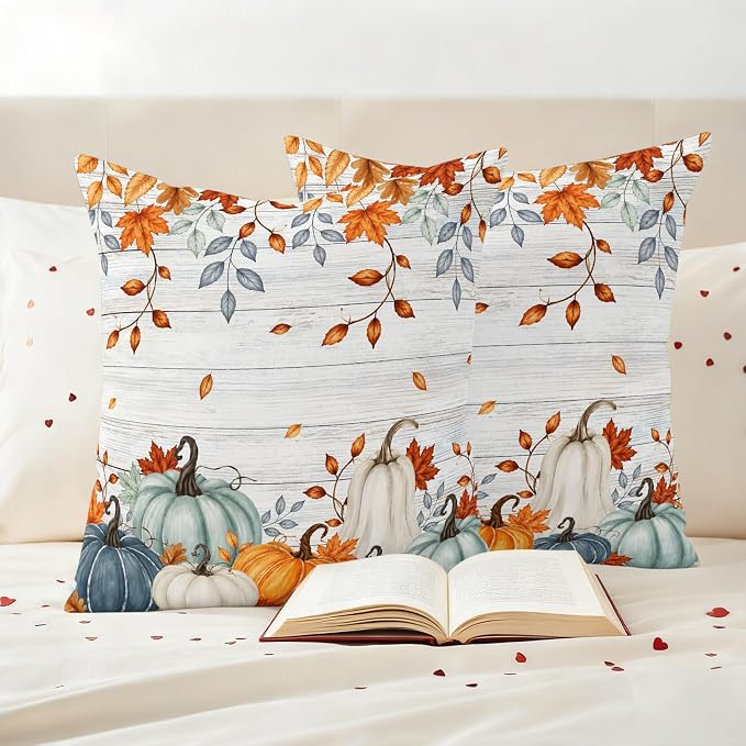 Fall Waterproof Outdoor Pillow Covers 18''x18'' Set of 2, Thanksgiving Maple Leaf Branch Vintage Wooden Patio Cushion Covers for Chairs,Decorative Blue Green Pumpkin Pillow Cases for Garden/Pool/Beach