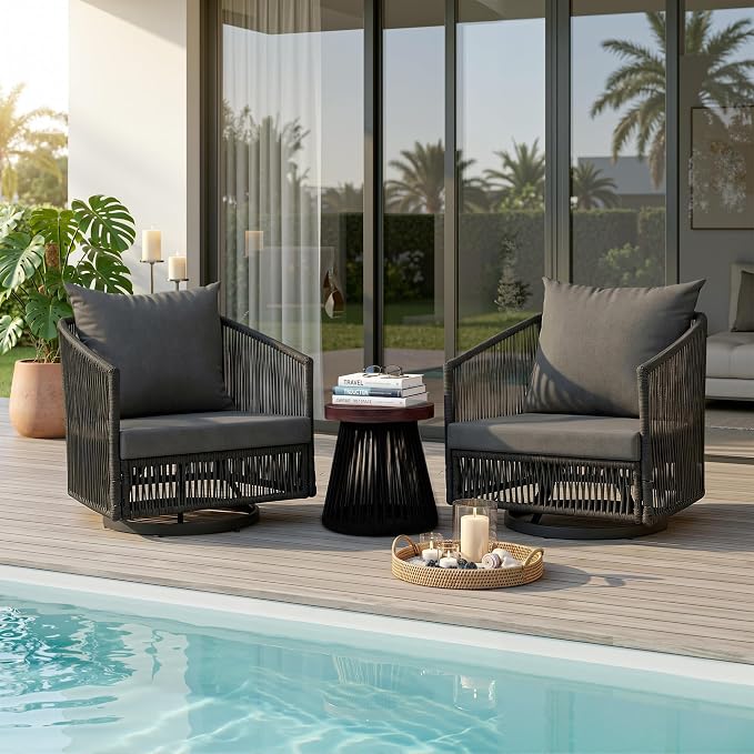 Outdoor Patio Furniture Set, 3 Pieces Outdoor Swivel Chairs with Coffee Table and Thick Cushion, Pe Wicker Rope Furniture Set for Entertaining, Balcony, Garden, Poolside, Gray
