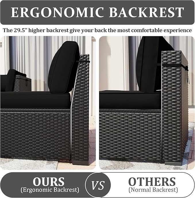 Patio Furniture Set, 7 Pieces Outdoor Sectional Sofa Set with Waterproof Cover, Black PE Wicker Rattan Slanted Back Outdoor Conversation Set with Cushions and Glass Coffee Table, Black