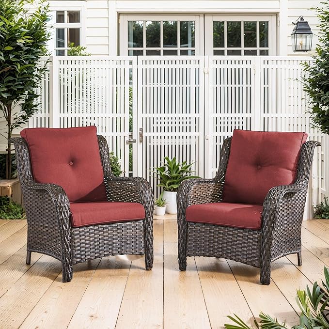 Belord High Back Patio Chairs Set of 2 - Brown Wicker Outdoor Seating, 4" Wide Armrests Rattan Outdoor Club Chairs with Red Removable Cushion for Deck Porch Backyard