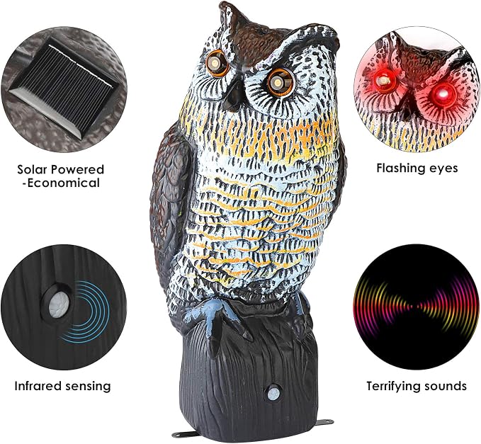 Ruolan Plastic Owl,Brid Owl with Flashing Eyes&Frightening Sound for Garden Yard Outdoor (Medium) (Large)