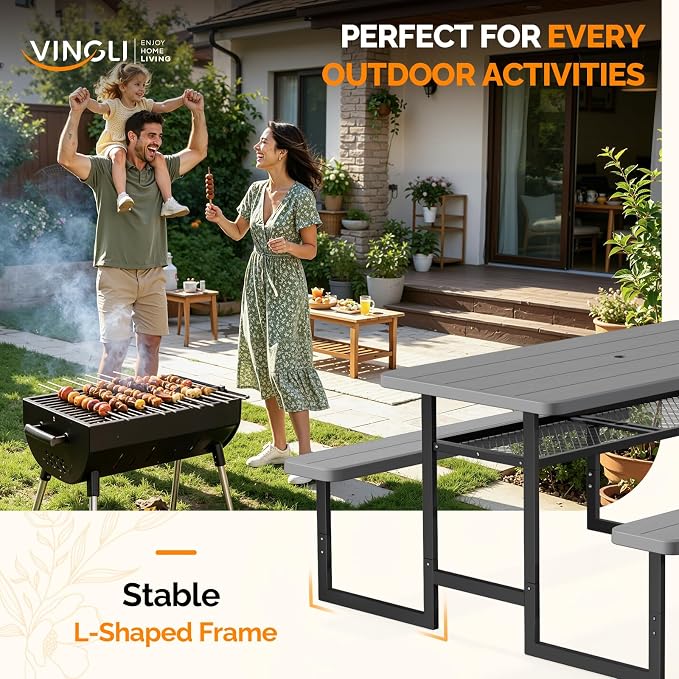VINGLI Outdoor Picnic Table with Storage Shelf & Umbrella Hole, 4.5FT All Weather Metal Frame HDPE Tabletop Plastic Picnic Table for Dining Party Garden(Grey)
