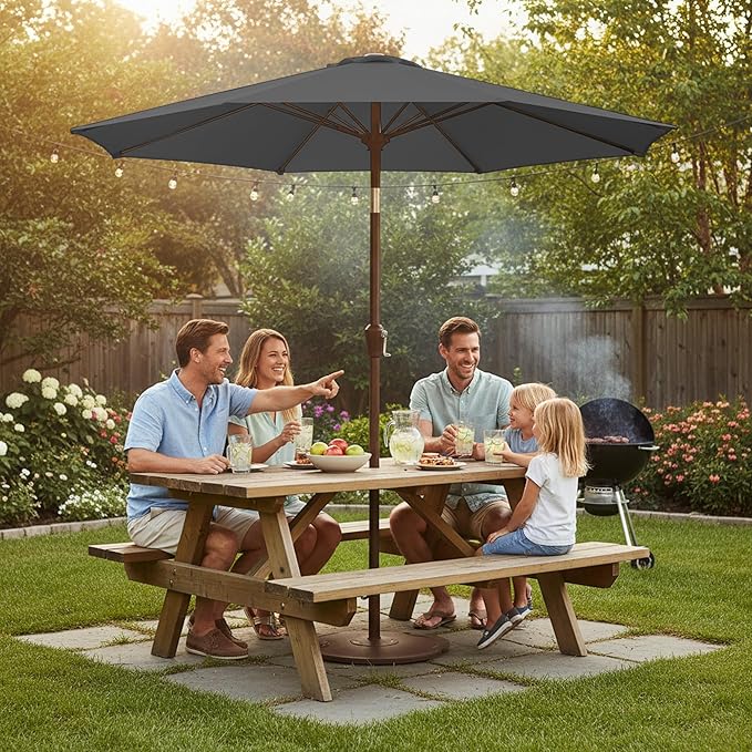 9ft Patio Umbrella with Push Button Tilt and Crank,Outdoor Market Table Umbrella UV Protection 8 Sturdy Ribs for Backyard,Garden,Pool,Deck(Gray)