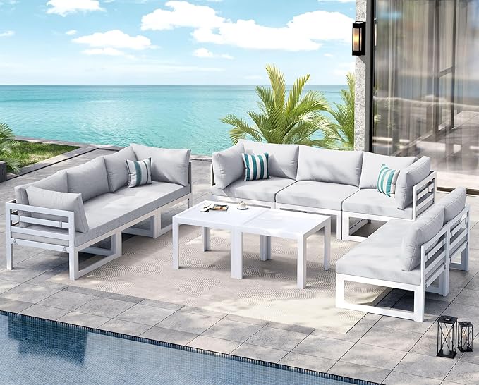 NICESOUL 10 Pcs L-Shaped Contemporary Aluminum Outdoor Furniture Set, 29" Deep Wide Large Couch Set, 500 lbs High Weight Capacity Modular Patio Sectional Sofa with Side Table for Garden, Light Grey