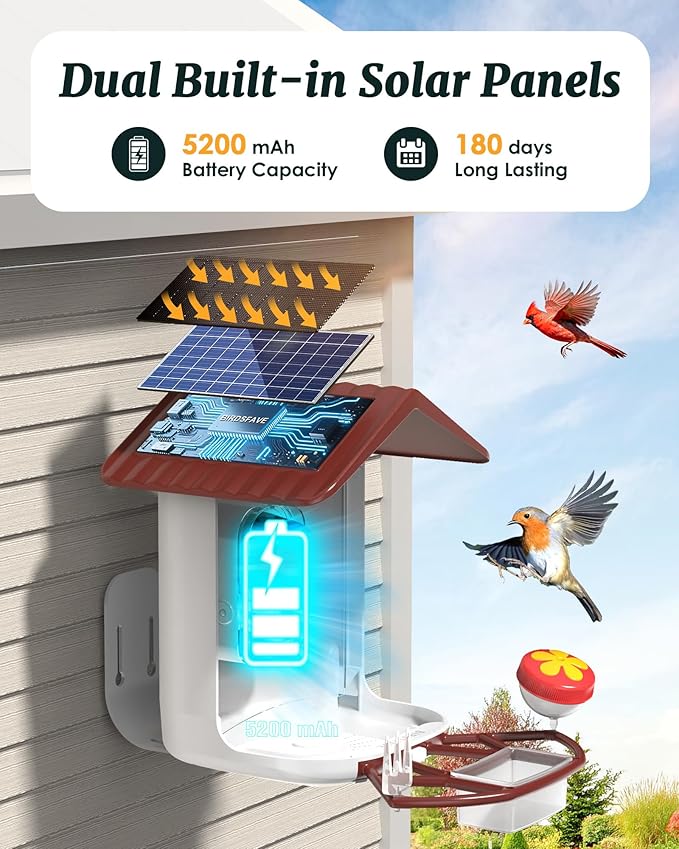 Bird Feeder with Camera Solar Powered, 2K Live Arrival Alert Auto Capture Video with 32GB TF Card, AI Identify Smart Camera Bird Feeder Ourdoor Backyard Gift for Mom Dad Birdlover, 2.4G WiFi