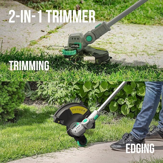 Litheli 20V 12 Inch Cordless String Trimmer/Edger, 2 X 2.0Ah Battery Powered Weed Eater with Auto-Feed for Lawn Trimming/Edging, with 6 Pcs Grass Cutter Spool Line, Fast Charger Included.