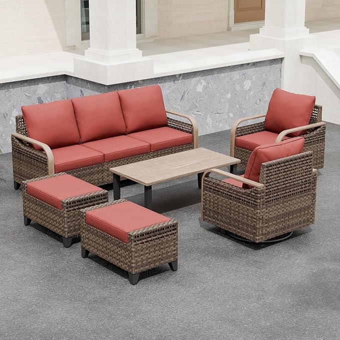 Modern Wicker Patio Furniture Set, Rattan Outdoor Conversation Set with Comfortable Cushions, 2 Swivel Rocking Chairs, 3 Seat Couch, 2 Ottomans and Coffee Table, 6 Pieces, Brown/Red