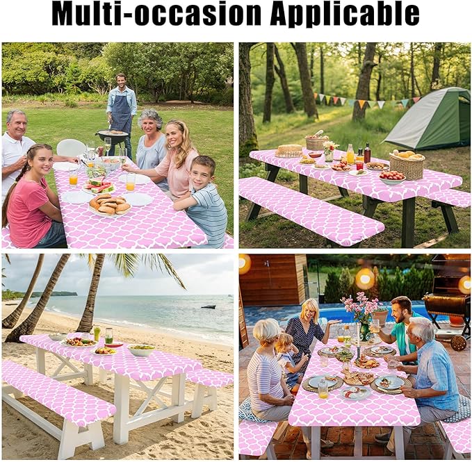 Smiry Picnic Table Cover with Bench Covers, Waterproof Elastic Fitted Tablecloth for 5 Foot Tables, Washable Polyester Tablecloths for Camping, Indoor & Outdoor (Pink, 30x60 Inch 3-pc Set)